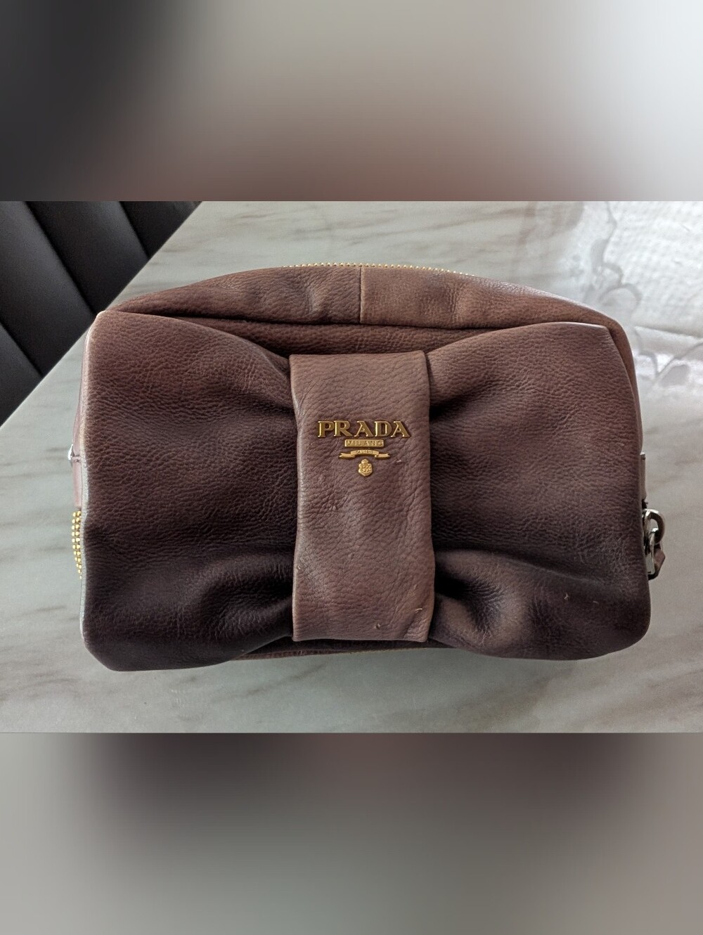 Prada Brown Leather Bow Bag Clutch Purse With Original Product Card